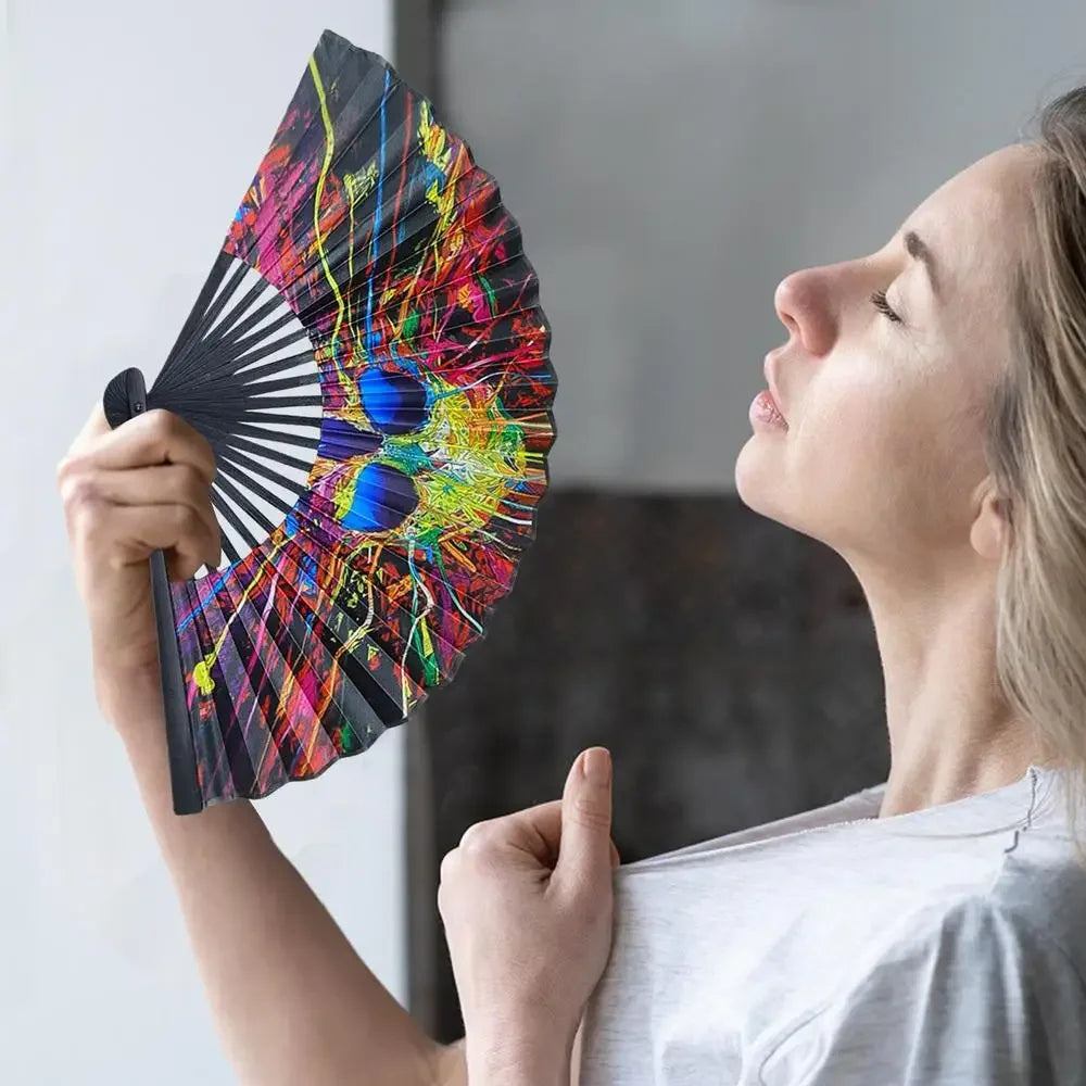 23cm Classics Folding Fan Hand Fans Rainbow Print Black Bamboo Bone Fan Cooling Handheld Fan Festival Performance Dance Gift