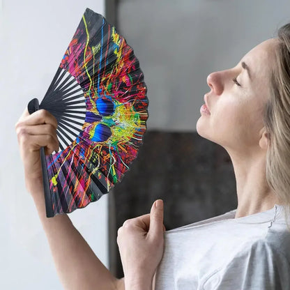 23cm Classics Folding Fan Hand Fans Rainbow Print Black Bamboo Bone Fan Cooling Handheld Fan Festival Performance Dance Gift