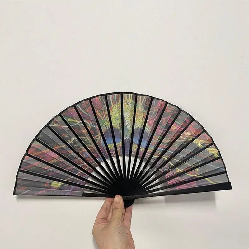 23cm Classics Folding Fan Hand Fans Rainbow Print Black Bamboo Bone Fan Cooling Handheld Fan Festival Performance Dance Gift