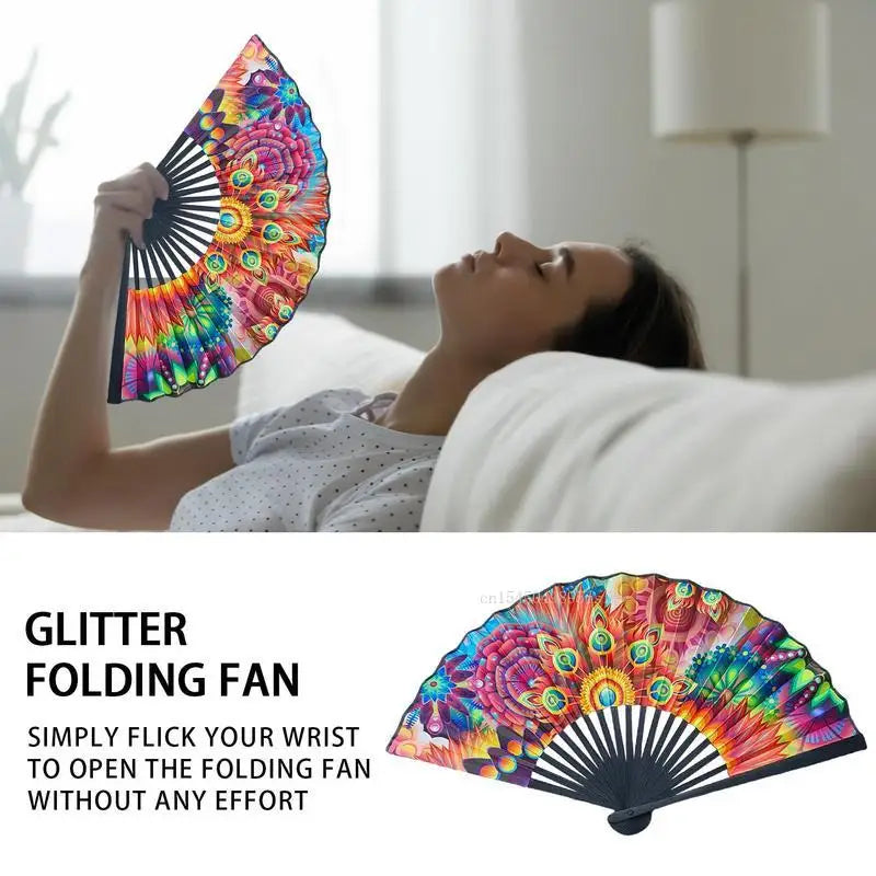 23cm Classics Folding Fan Hand Fans Rainbow Print Black Bamboo Bone Fan Cooling Handheld Fan Festival Performance Dance Gift