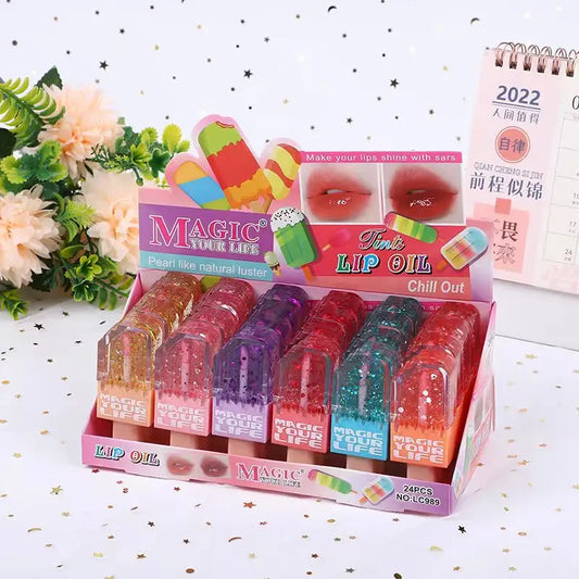 24Pcs 6 Colors Shiny Sequins Glossy Lip Oil Set Ice Cream Color Changing Moisturizing Lip Gloss Kawaii Lips Makeup Wholesale