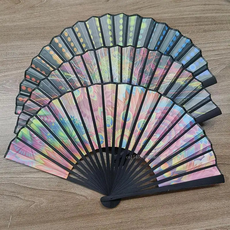 23cm Classics Folding Fan Hand Fans Rainbow Print Black Bamboo Bone Fan Cooling Handheld Fan Festival Performance Dance Gift