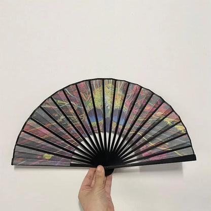 23cm Classics Folding Fan Hand Fans Rainbow Print Black Bamboo Bone Fan Cooling Handheld Fan Festival Performance Dance Gift