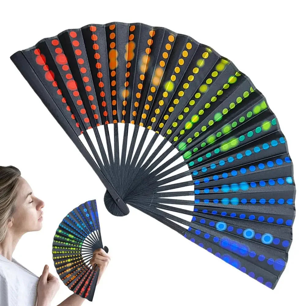 23cm Classics Folding Fan Hand Fans Rainbow Print Black Bamboo Bone Fan Cooling Handheld Fan Festival Performance Dance Gift