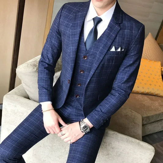 ( Jacket + Vest + Pants ) Mens Suit 3 Piece Fashion Boutique Plaid Wedding Business Casual Men Blazer Wedding Party Dress Suits