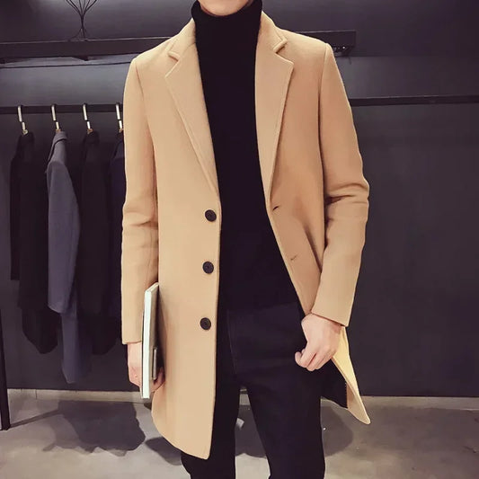 2024 Autumn and Winter New Men's Long Cotton Coat Fashion Business Slim Fit Wool Coat Windproof Jacket Men's Quality Clothing