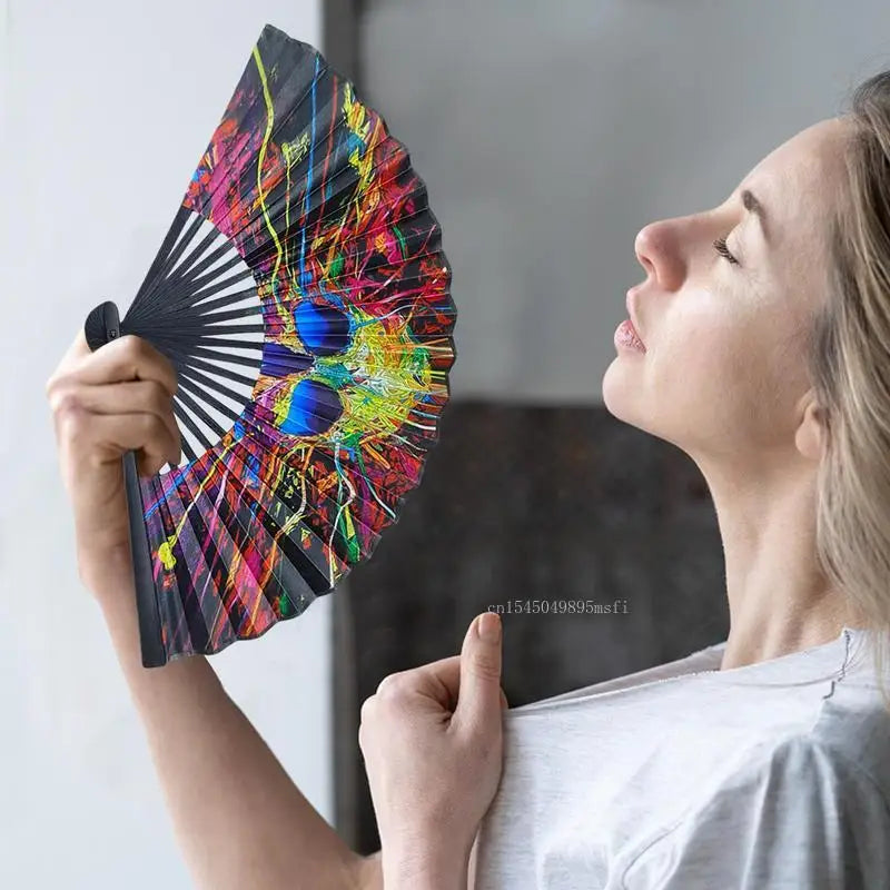 23cm Classics Folding Fan Hand Fans Rainbow Print Black Bamboo Bone Fan Cooling Handheld Fan Festival Performance Dance Gift