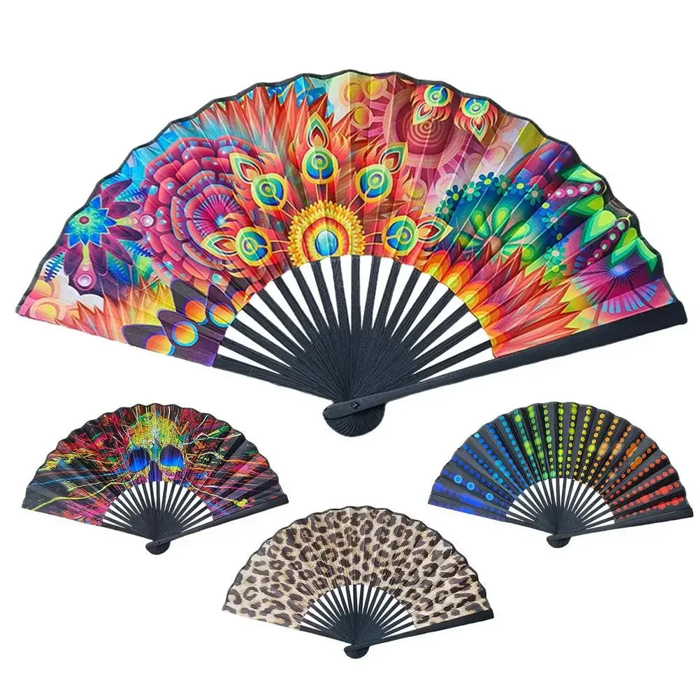 23cm Classics Folding Fan Hand Fans Rainbow Print Black Bamboo Bone Fan Cooling Handheld Fan Festival Performance Dance Gift